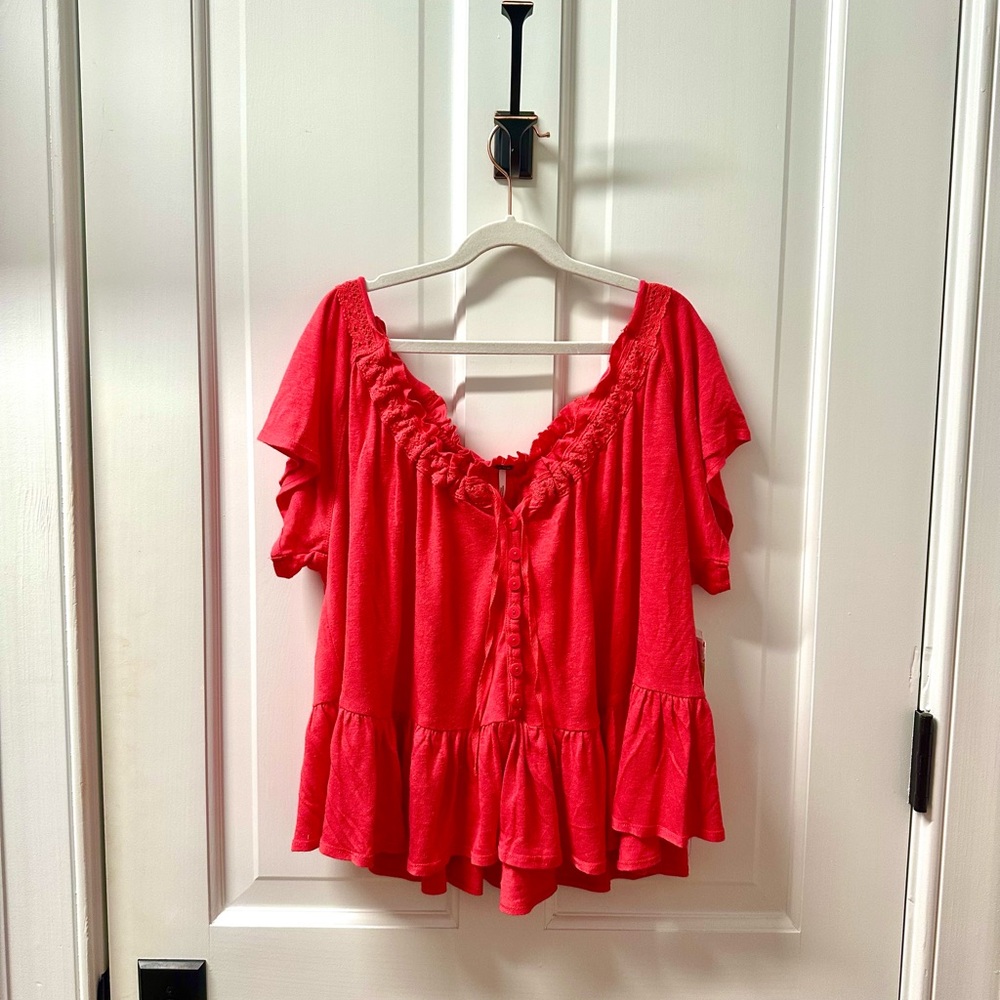 Free People Red Camelia Ruffle Top XS